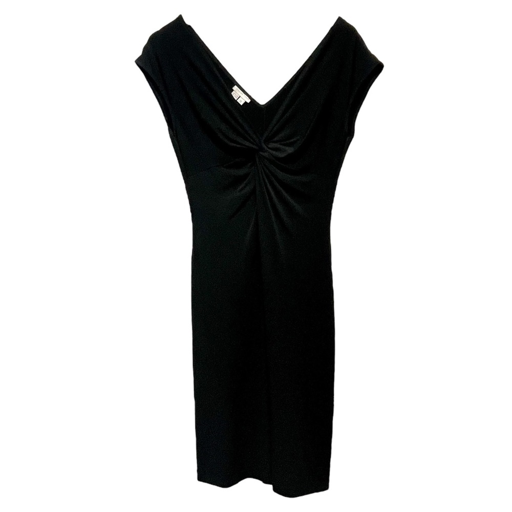 London Times Black Front Twist Knot V-Neck Midi Short Cap Sleeve Sheath Dress